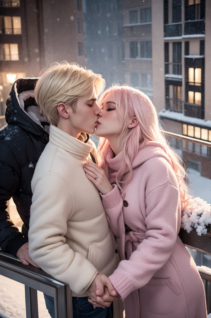 A couple of lovers, with winter clothes, kissing, he with blonde hair, she with light pink hair, holding hands on the balcony of a building with snow falling in the background.