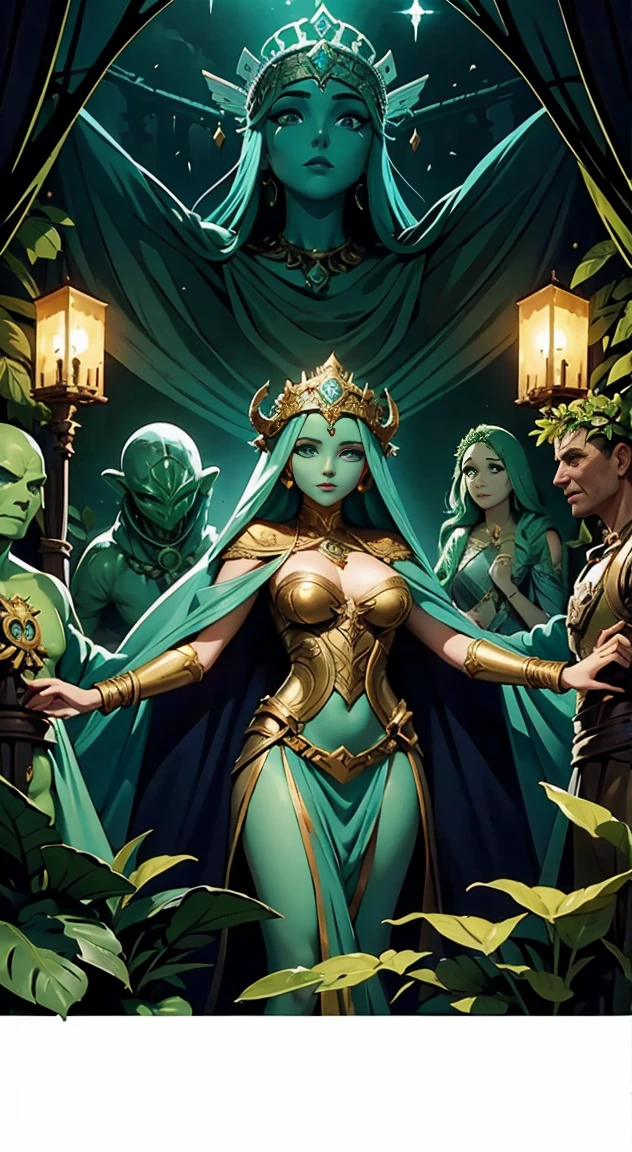A woman with a mask like face, godess made of plant matter and chitin towers over a group of adventurers,  goddess, titanic, alien, beautiful, symbaroum ttrpg art