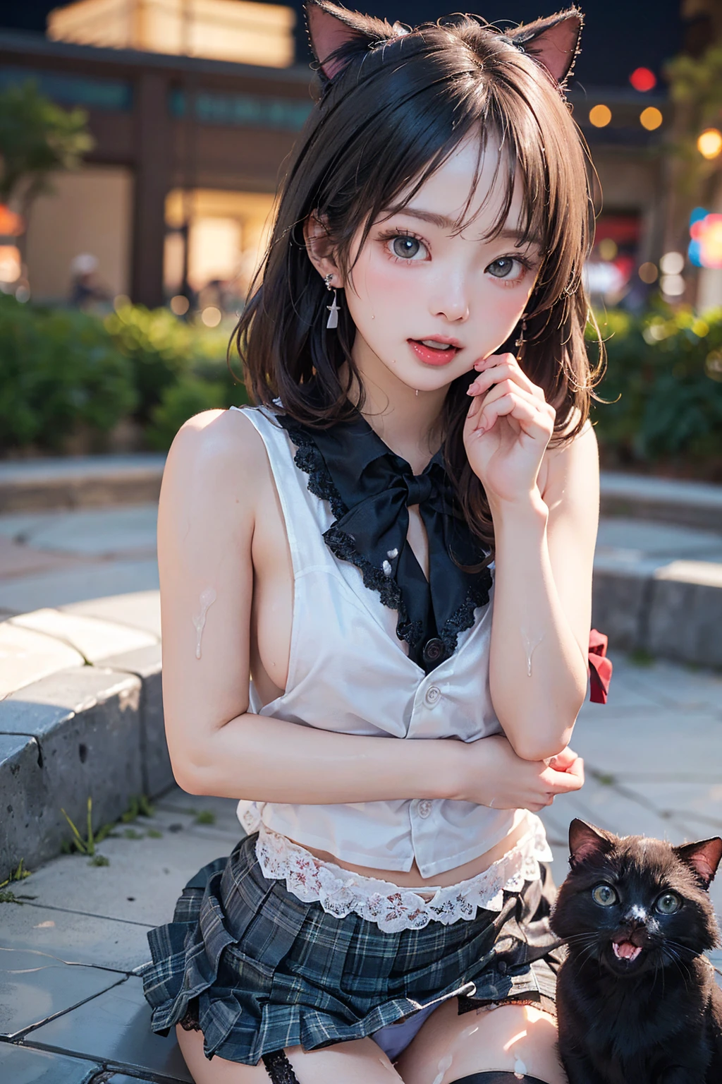 (masterpiece:1.2, Highest quality), (Realistic, photoRealistic:1.4), Beautiful illustrations, (Natural Side Lighting, Cinema Lighting), Browsing Caution,
View Viewer, (Bust up shot)、Front view:0.8, 1 girl, Japanese, high school girl, Perfect Face, Cute and symmetrical face, Shiny skin、
(Semi-short cut hair, Side Lock, Light pink hair), Parted bangs, Emerald green eyes, Long Eyelashes, (Big Breasts:0.8),
Beautiful Hair, Beautiful Face, Beautiful fine details, Beautiful clavicle, Beautiful body, Beautiful breasts, Beautiful fingers, Beautiful nipples、Beautiful armpits、Beautiful, perfectly aligned teeth、
((A cat suit with attention to detail、(Pastel blue floral lace panties、Mini checkered pleated skirt、Black garter stockings)、Shyness、(Open your mouth:1.3)、Red bow tie、Earrings、(topless:1.2)))、
((The background is night、moonlight、garden、firework、Night Festival))、 (Troubled face、Upward glance), (The skin is moist and wet:1.2)、(Semen is on it:1.6)、(Licking your fingers:1.2)
