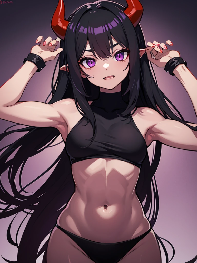 Demon girl with red skin, black horns, completely black eyes, straight black hair, muscular, purple eyes, demon tail, Red skin