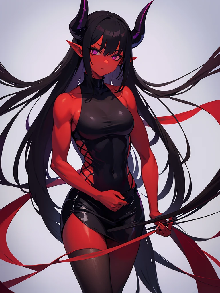 Demon girl with red skin, black horns, completely black eyes, straight black hair, muscular, purple eyes, demon tail, Red skin