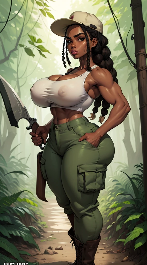 Woman exploring the jungle, BROWN SKIN, hair with black braids, black eyes, wide eyebrows, thick lips, thin cheeks with dimples, large cheekbones, defined jaw and chin dimple, with jungle explorer hat, dirty white tank top, coffee colored cargo pants, mud stained pants, military boots, machete in hand cutting vines, in ruins scene in a jungle