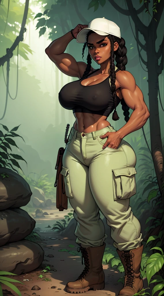 Woman exploring the jungle, BROWN SKIN, hair with black braids, black eyes, wide eyebrows, thick lips, thin cheeks with dimples, large cheekbones, defined jaw and chin dimple, with jungle explorer hat, dirty white tank top, coffee colored cargo pants, mud stained pants, military boots, machete in hand cutting vines, in ruins scene in a jungle