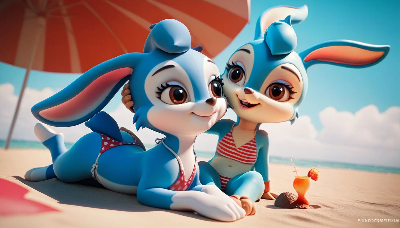 a cute female bunny girl with animal ears on a beach, looking at each other happily, detailed facial features, long eyelashes, fluffy brown eyes, smiling, perfect hands and feet, rabbit tail, animal nose, blue fur, blue hair, american flag bikini, sensual pose, best quality, 8k, ultra-detailed, photorealistic, high resolution, 3d, cg, unity, masterpiece