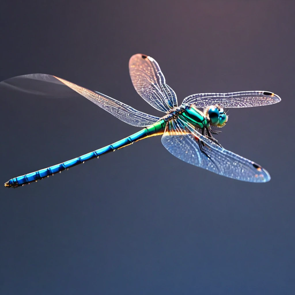 Beautiful dragonfly 、From the side、macro、(((Shining body lines))) 、Diamond-like、hologram、Sharp Focus、Lighting by world-class AI creators、ultra precise detailed、Beautiful graphics、Digital Art