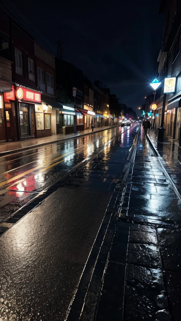 City of night Rain falling on the sidewalk