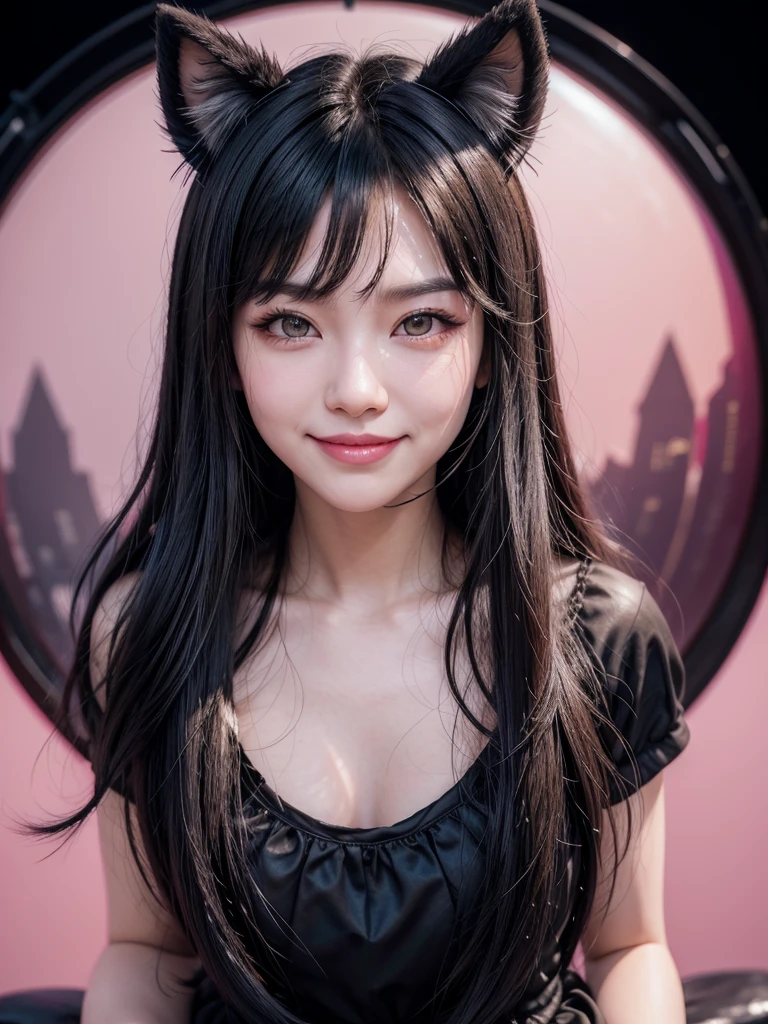 black hair, hair bobbles, wince, longeyelashes, solid circle eyes, fake animal ears, light smile, ear blush, fang, ccurate, Surrealism, drop shadow, anaglyph, stereogram, tachi-e, pov, atmospheric perspective, 8k, super detail, best quality, UHD