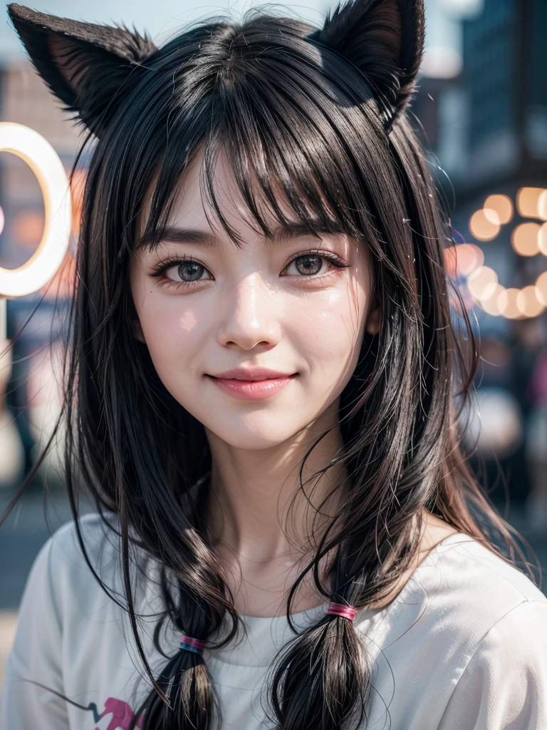 black hair, hair bobbles, wince, longeyelashes, solid circle eyes, fake animal ears, light smile, ear blush, fang, ccurate, Surrealism, drop shadow, anaglyph, stereogram, tachi-e, pov, atmospheric perspective, 8k, super detail, best quality, UHD