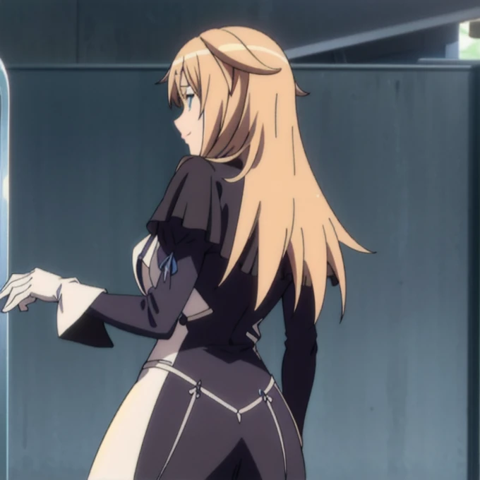 1girl, solo, blonde hair, teal eyes, smile, mature, cross necklace, black nun, Kizuki, Seikon no Qwaser, white gloves, Teresa Beria, long skirt, long cape, looking behind, best quality, masterpiece, from behind, butt