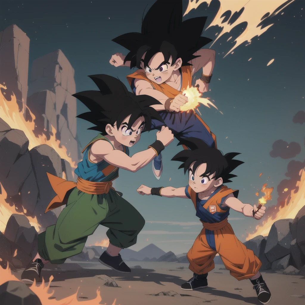 Manga style, illustration, line art style, high quality, manga masterpiece, highres, very detailed, digital illustration, small Kid Goku and alien Piccolo, Dragonball, black hair, spiked hair, real goku clothes orange color, black belt and black shoes, fire ball, dougi, outdoors,fighting,