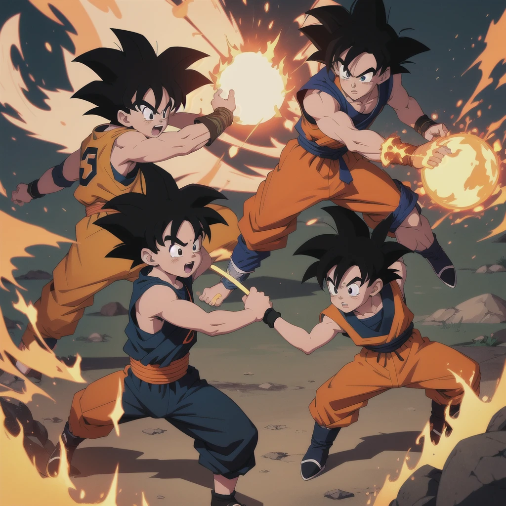 Manga style, illustration, line art style, high quality, manga masterpiece, highres, very detailed, digital illustration, small ??? Goku and alien Piccolo, Dragonball, black hair, spiked hair, real goku clothes orange color, black belt and black shoes, fire ball, dougi, outdoors,fighting,