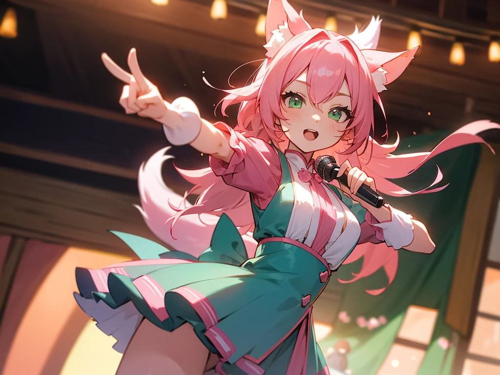 kitsune idol in a tavern, foxgirl, pink fox ears, pink fox tails, pink hair, green eyes, light blue idol dress, tavern background, high quality, masterpiece, singing pointing at viewer