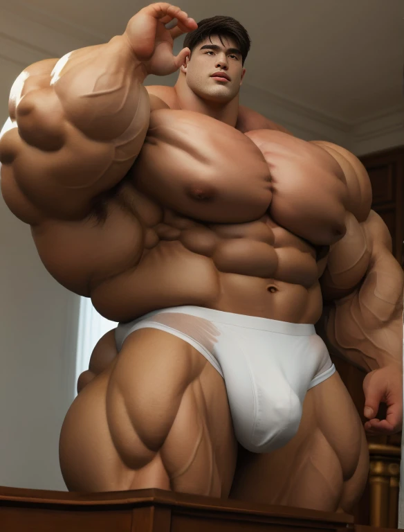 1boy, giant, alone, giant bodybuilder, illuminating light, strong body, bulk, large size, standing, raise hand, with white background, indoor, nude, white triangular underwear, thick bulge, extraordinary big, brutalmass, giant muscular body, bulk, buff, massive body, large meaty body size, extremely wide body