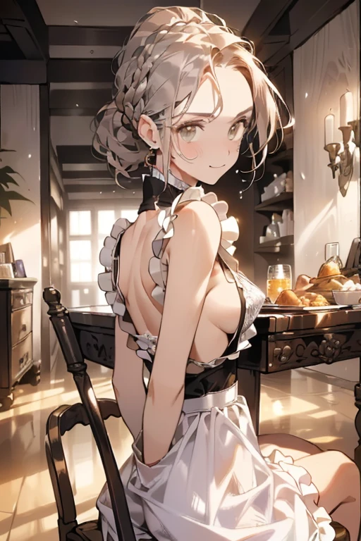 (A masterpiece of image quality in 8K),(Beautiful Allafed Woman),(((emphasizing breasts:1.0))),(Dynamic angles),(Dynamic and sexy bending pose:1.3),(sit a chair:1.3),(Short hair in shiny silver and orange inner colors,(perky chest:1.1), (pointed chest:1.3),small full breasts,Disturbance of clothing due to movement,breast slip,(Ponytail twisted buns adorned with elaborate braids and beads,Braided Setup Fishbone Hair,),(see-through bangs),Huge breasts、(((A white lace apron that shows your bare skin from under your small breasts)))、Blush with embarrassment、Enraptured eyes、A smile that beguiles the viewer、(Look back:1.7)、Look into the photographer,skin glistening with sweat,gazing at viewer,,(Professional Lighting),(8K,masutepiece,top-quality,Ultra-high resolution output image,),(Ultra HD with complex detail image modes),depth of fields,Beautiful hands,Beautiful fingers,Detailed finger features,(Detailed hair features:1.7),detailed facial features,detailed clothes features,  looking at viewer,
