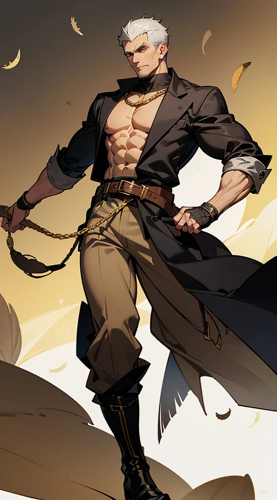 Handsome elderly man, black and gray hair, very short hair, ((crew cut: 1)), golden eyes, fair skin, ((muscular: 1)), man, 50 years old, muscular, in good shape, muscular. no shirt, gold details, baggy gray pants, black and brown belts, black boots, lots of belts, paladin, patriarch, feathers flying in the background.
