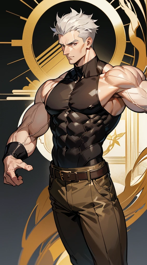 Handsome elderly man, black and gray hair, very short hair, ((crew cut: 1)), golden eyes, fair skin, ((muscular: 1)), man, 50 years old, muscular, in good shape, muscular. no shirt, gold details, baggy gray pants, black and brown belts, black boots, lots of belts, paladin, patriarch, feathers flying in the background.
