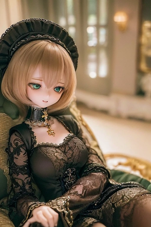 photorealistic, realistic photo, ((highest quality)), ((masterpiece)), (extremely detailed), kukolnydom, doll, (mature woman:1.7), solo, sitting on sofa, green eyes, (reclining on sofa, looking away, blank eyes, empty eyes, detailed eyes:1.3), (light smile), dress, museum, 8k