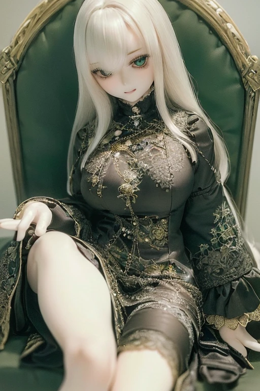 photorealistic, realistic photo, ((highest quality)), ((masterpiece)), (extremely detailed), kukolnydom, doll, (mature woman:1.7), solo, sitting on sofa, green eyes, (reclining on sofa, looking away, blank eyes, empty eyes, detailed eyes:1.3), (light smile), dress, museum, 8k