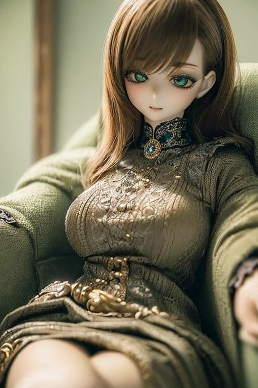 photorealistic, realistic photo, ((highest quality)), ((masterpiece)), (extremely detailed), kukolnydom, doll, (mature woman:1.7), solo, sitting on sofa, green eyes, (reclining on sofa, looking away, blank eyes, empty eyes, detailed eyes:1.3), (light smile), dress, museum, 8k