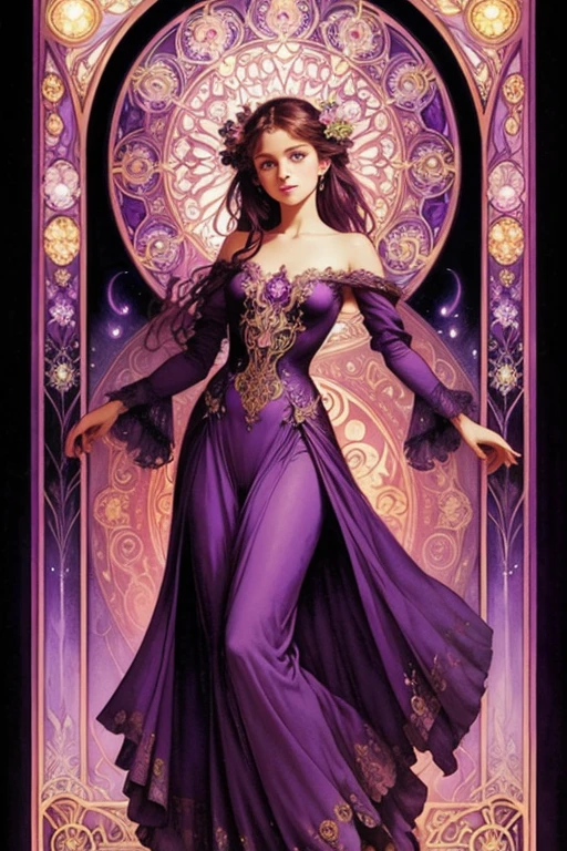 Fairy Dance, Elegant, Very charming beautiful by Daniel Merriam, Josephine Wall, Magenta decoration by Alphonse Mucha and Ralph McQuarrie, dark purple, purple,.watercolor paiting, wet on wet, looking at viewer 