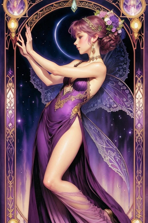 Fairy Dance, Elegant, Very charming beautiful by Daniel Merriam, Josephine Wall, Magenta decoration by Alphonse Mucha and Ralph McQuarrie, dark purple, purple,.watercolor paiting, wet on wet, looking at viewer