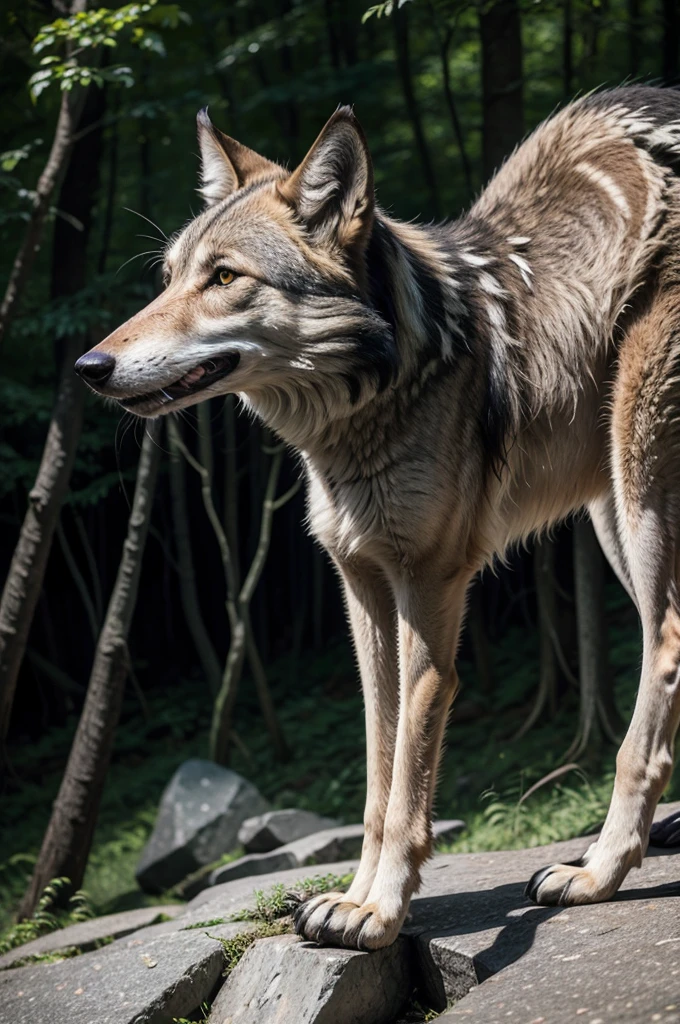 Mexican Gray Wolf, with wings, with the electrical element, Rocks and a forest background