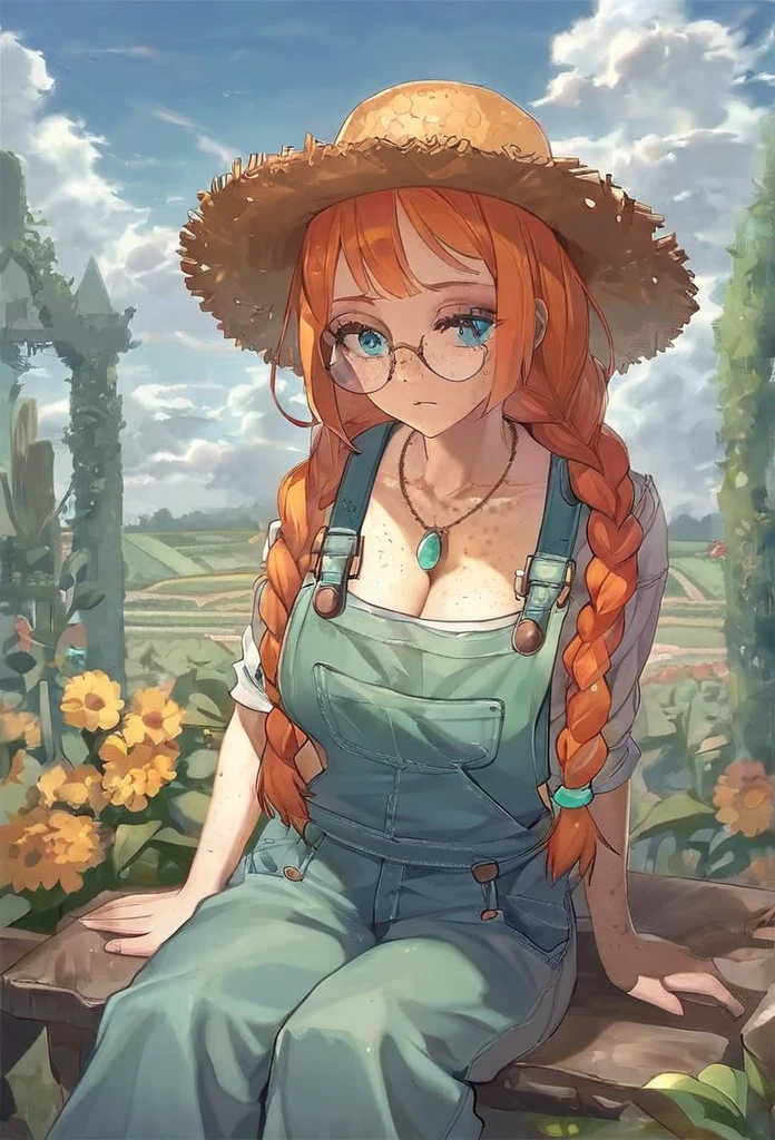 character tension, cool, solo, human, waist up, farm girl, female, solo, blue eyes, cleavage, straw hat, long twin braids, orange hair, bronze round glasses, small thin silver necklace with a turquoise stone, overalls, suspenders, yellow frilly shirt, ((freckled skin, lots of freckles on breasts)), large breasts, ((small scars on body, acne scarred skin)) ,sitting on garden flowers,cloud,(((masterpiece,best quality))),((good structure,Good composition,good atomy)), ((original,beautiful))