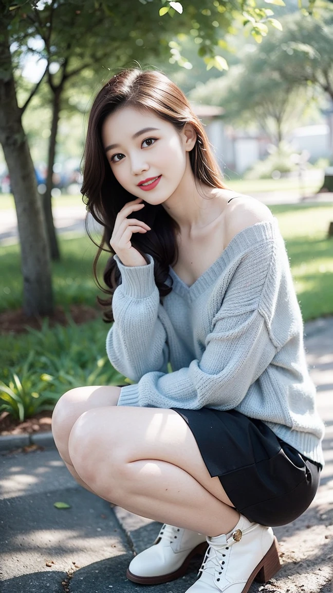 (Skin blemishes:1.2), (Skin Indentation), Dark circles, 1Missl, 25 years old, (((Miss))), Solitary, Practical, best quality, Reality, proficient, 8K, high resolution, Solitary, Extremely detailed face, (Professional lighting,Bokeh),(Light Particles,lens flare,Glowing particles:0.6),(Dynamic poses:1.2),Soft Lighting,Top angle view,fashionable atmosphere, (A girl in the forest),((During the day)), sky sky, ((Looking at the audience:1)), (Looking at the camera), Gorgeous, stand up, Maintain original facial proportions, Shave your shoulders, Full Body Love, (Medium chest), (Long, delicate hair), Brown hair, Flutter, Open lips, Lipstick, 迷人的Smile, Smile, Open your mouth, teeth, (Blue grey tight sweater), (White)(Business Mini Skirt), eyelash, birthmark, (Mole under the eye: 1),Proportionate legs, Thin and white,A pair of lotus feet,White and tender,No shoes,Delicate and beautiful feet,Wear high-end brand travel shoes,Full body image