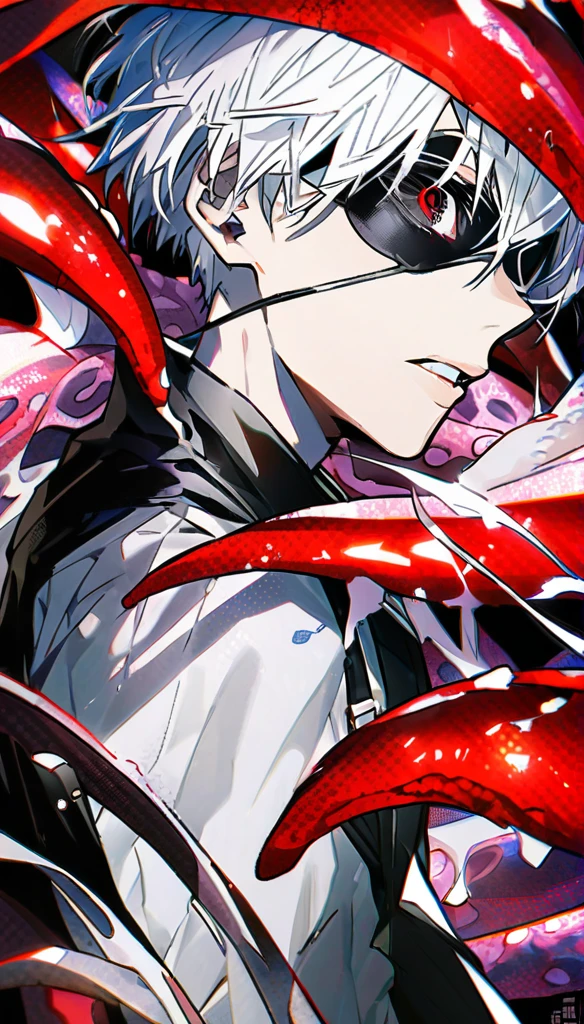 ```
ken kaneki, Tokyo Ghoul, white hair, black outfit, eyepatch, half-ghoul, serious expression, red kakugan eye, kagune tentacles, detailed face, high quality、Overall view、Wind-like sensation、Condescending face

```