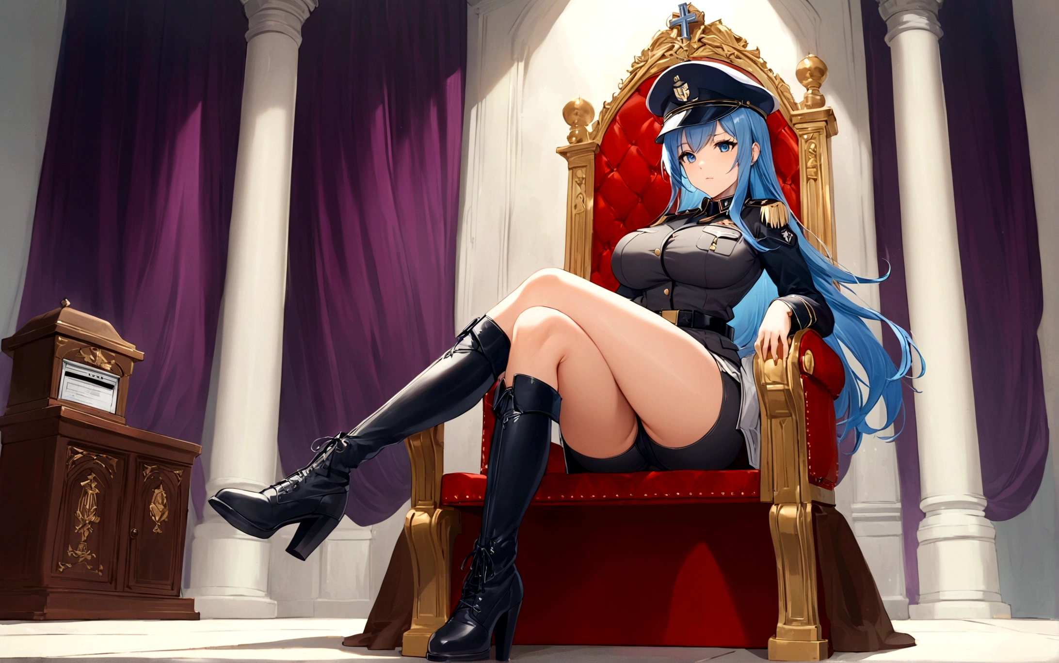 1 Girl, Solitary, Long hair, breast, blue eyes, large breast, High Leg Raise, have, sit, Blue Hair, boots, uniform, white High Leg Raise, Absolutely great opportunity, army, , thigh boots, Cross your legs, letterbox, Peaked hat, bench, throne