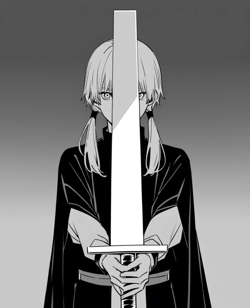yuto-sano, 1boy, Kaneki, black  hair, unique hairstyle long hair, elegant, monochrome, solo, greyscale, male focus, looking at viewer, holding a sword, front view, FRONT VIEW, FACING CAMERA