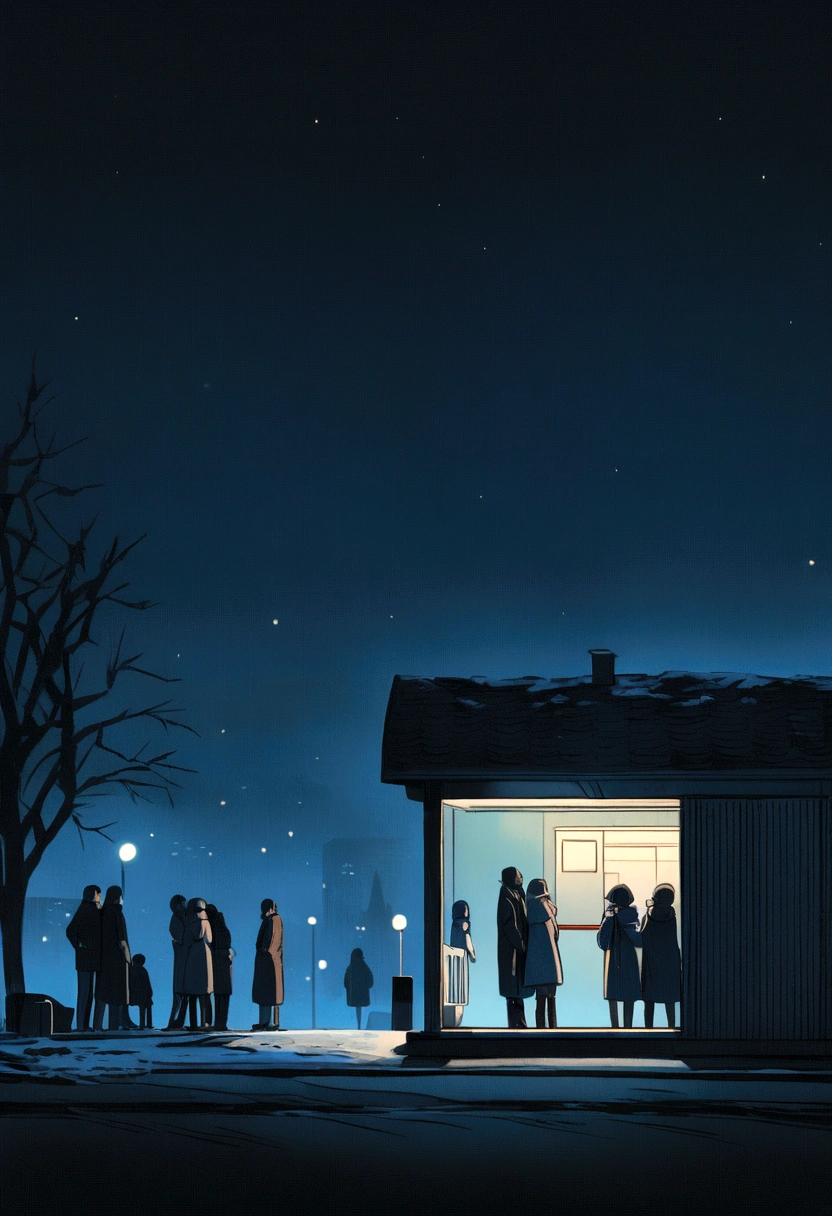 People smoking at the bus stop in front of old Soviet apartments on a tense winter night