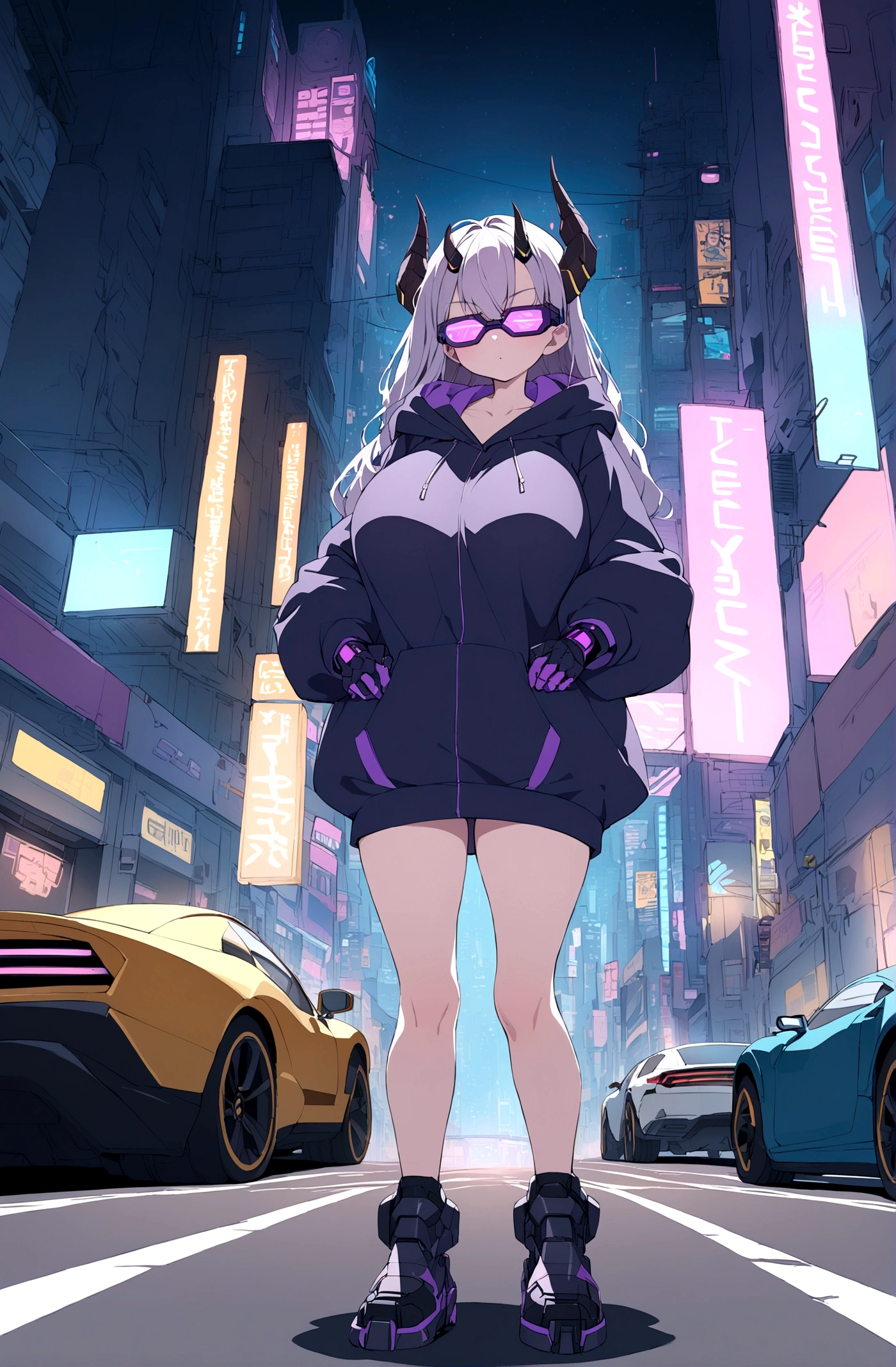 Slim teen girl, huge tits,  standing at the middle of road, wearing black purple hoodie with (big oversized metal cyberpunk military power gloves), wearing cyber glasses, neon city, at night, cars, cybernetic horns