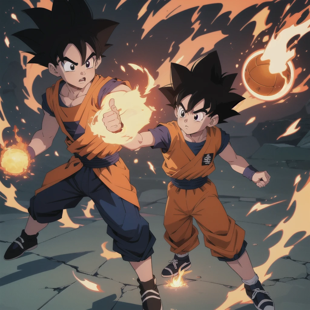 Manga style, illustration, line art style, high quality, manga masterpiece, highres, very detailed, digital illustration, small Kid Goku and alien Piccolo, Dragonball, black hair, spiked hair, real goku clothes orange color, black belt and black shoes, fire ball, dougi, outdoors,fighting,