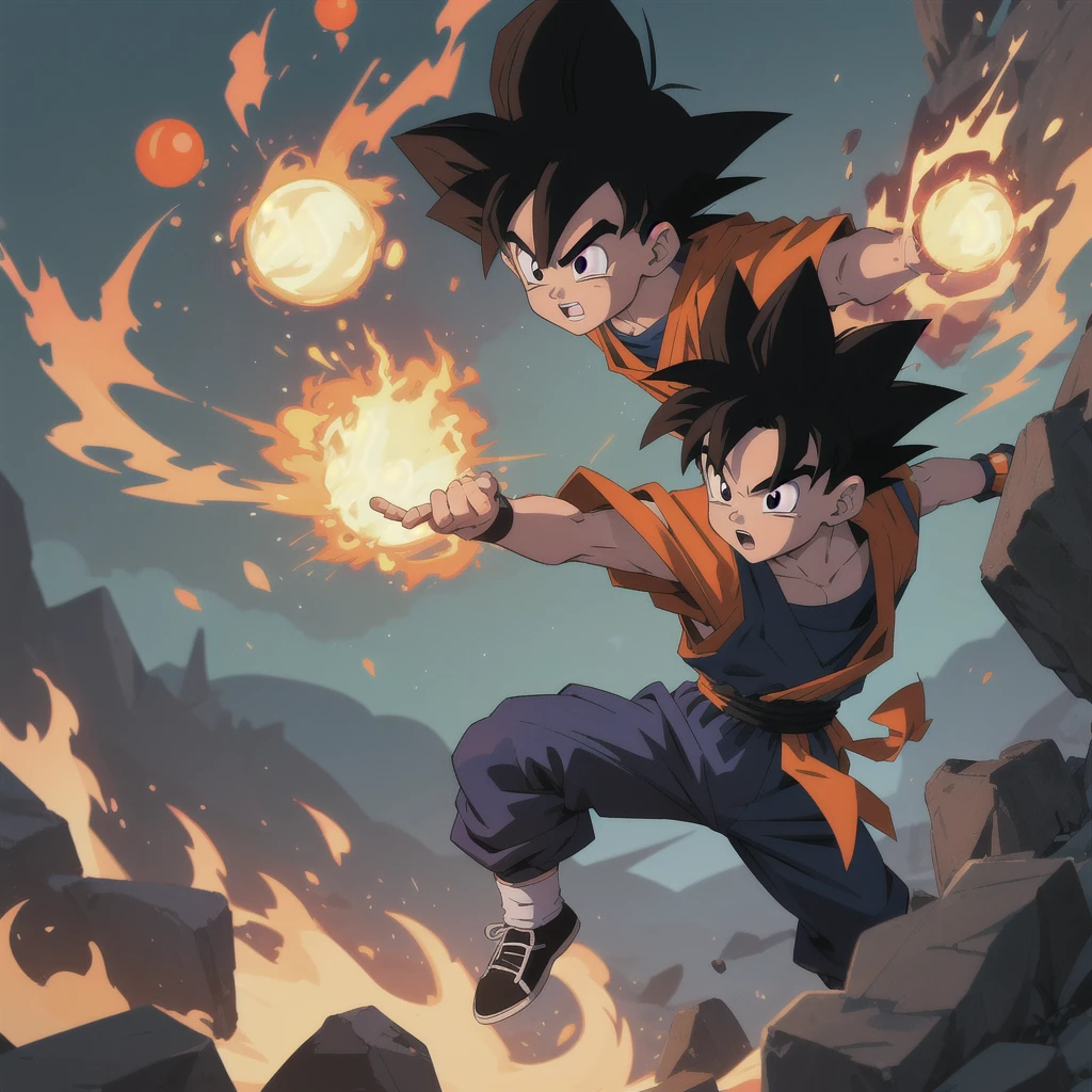 Manga style, illustration, line art style, high quality, manga masterpiece, highres, very detailed, digital illustration, small Kid Goku and alien Piccolo, Dragonball, black hair, spiked hair, real goku clothes orange color, black belt and black shoes, fire ball, dougi, outdoors,fighting,