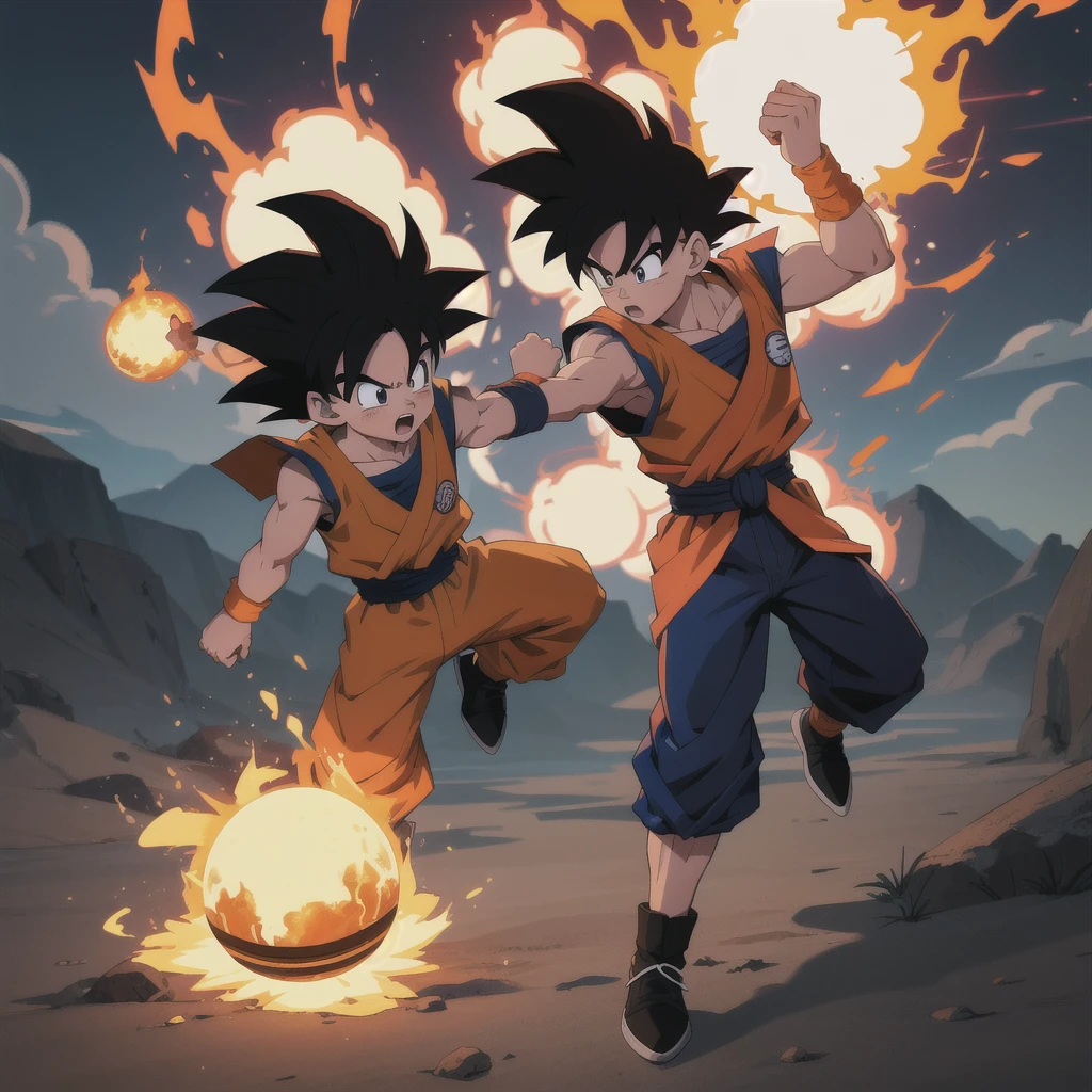 Manga style, illustration, line art style, high quality, manga masterpiece, highres, very detailed, digital illustration, small Kid Goku and alien Piccolo, Dragonball, black hair, spiked hair, real goku clothes orange color, black belt and black shoes, fire ball, dougi, outdoors,fighting,