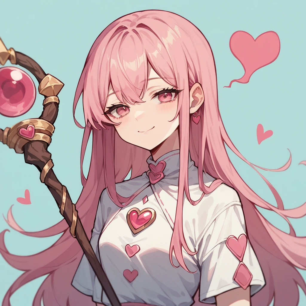 1girl, teenager, light skin, long pink hair, pink eyes, pink and white dress, heart tipped staff, tired smile, engagement ring, anime style, digital art, icon