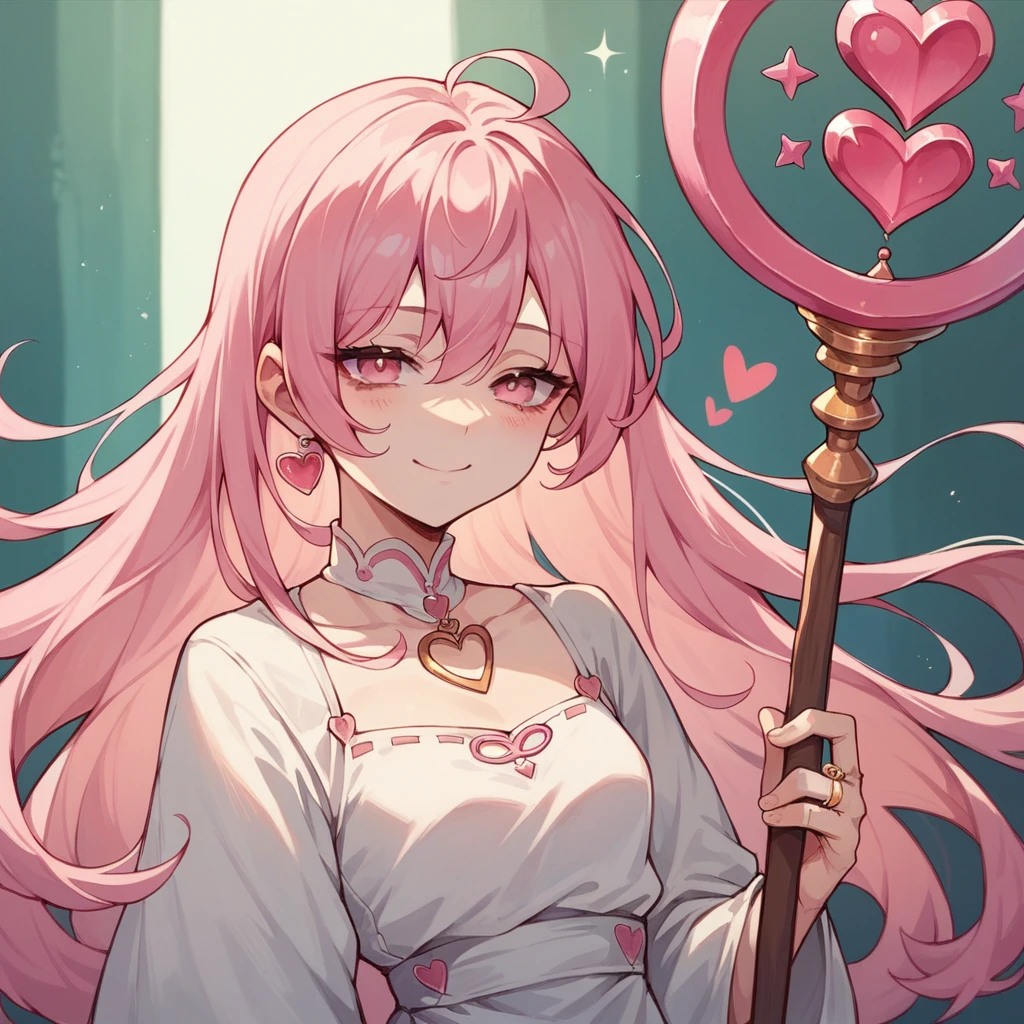 1girl, teenager, light skin, long pink hair, pink eyes, pink and white dress, heart tipped staff, tired smile, engagement ring, anime style, digital art, icon