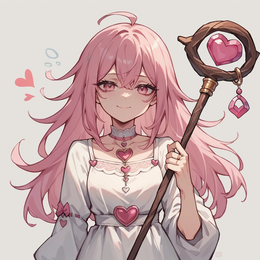 1girl, ager, light skin, long pink hair, pink eyes, pink and white dress, heart tipped staff, tired smile, engagement ring, anime style, digital art, icon