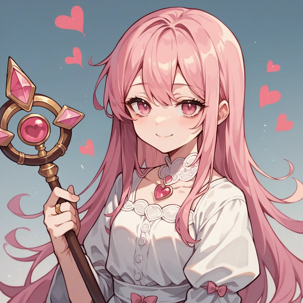 1girl, teenager, light skin, long pink hair, pink eyes, pink and white dress, heart tipped staff, tired smile, engagement ring, anime style, digital art, icon