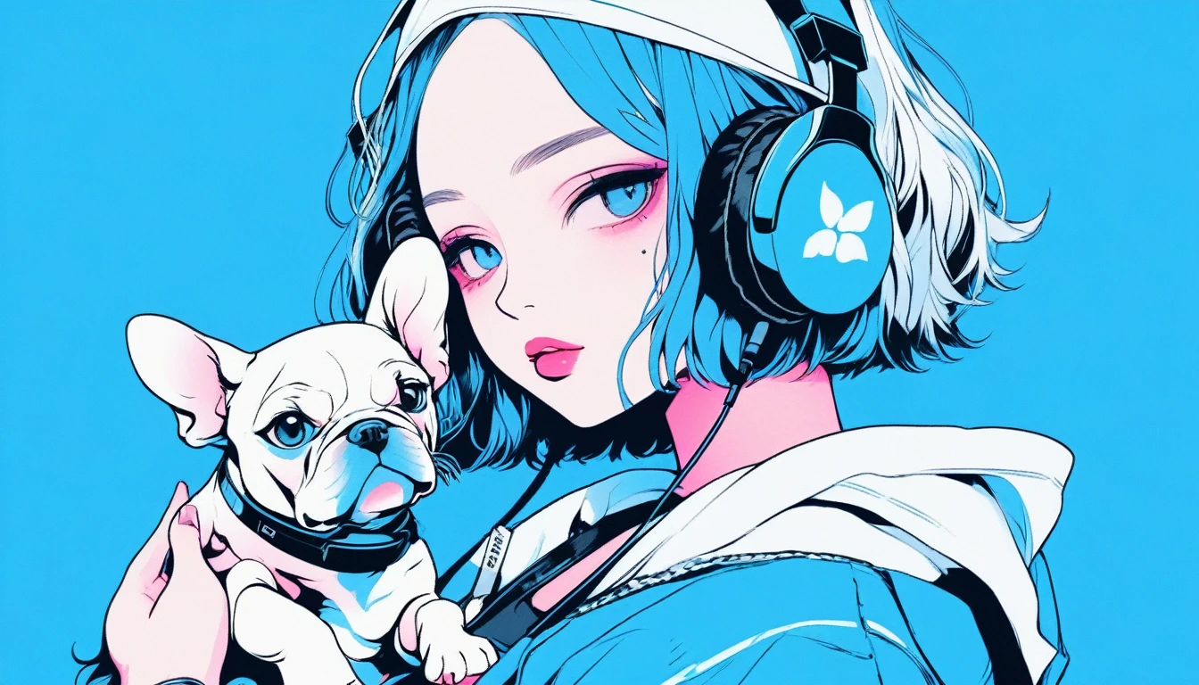 Illustrator, anime , Realistic ,sketch , A girl holding a cute bulldog puppy wearing headphones, ,lip, T-shirt,order,Textured Trim, (masterpiece,Highest quality) Blue background, Neon Hair,Textured Trim, Canadian, (masterpiece,Highest quality) Cancer，