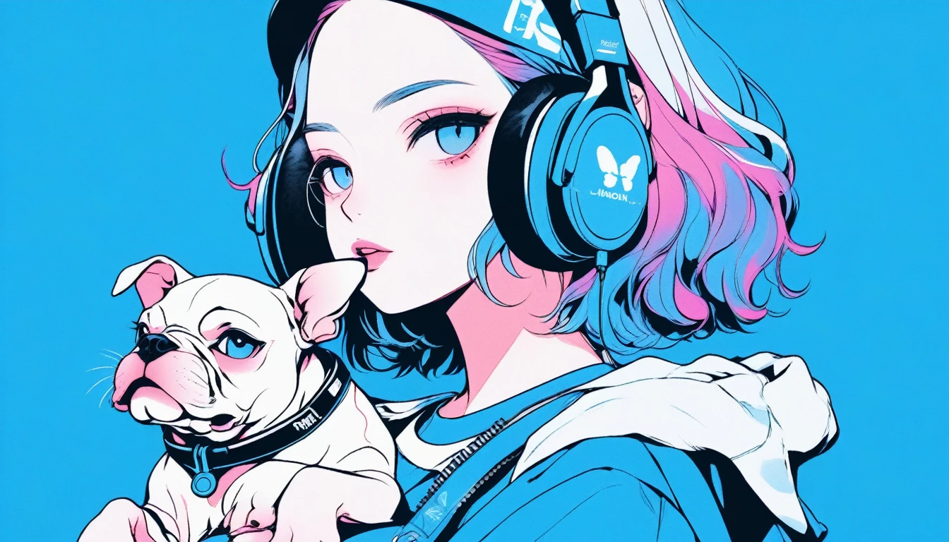 Illustrator, anime , Realistic ,sketch , A girl holding a cute bulldog puppy wearing headphones, ,lip, T-shirt,order,Textured Trim, (masterpiece,Highest quality) Blue background, Neon Hair,Textured Trim, Canadian, (masterpiece,Highest quality) Cancer,