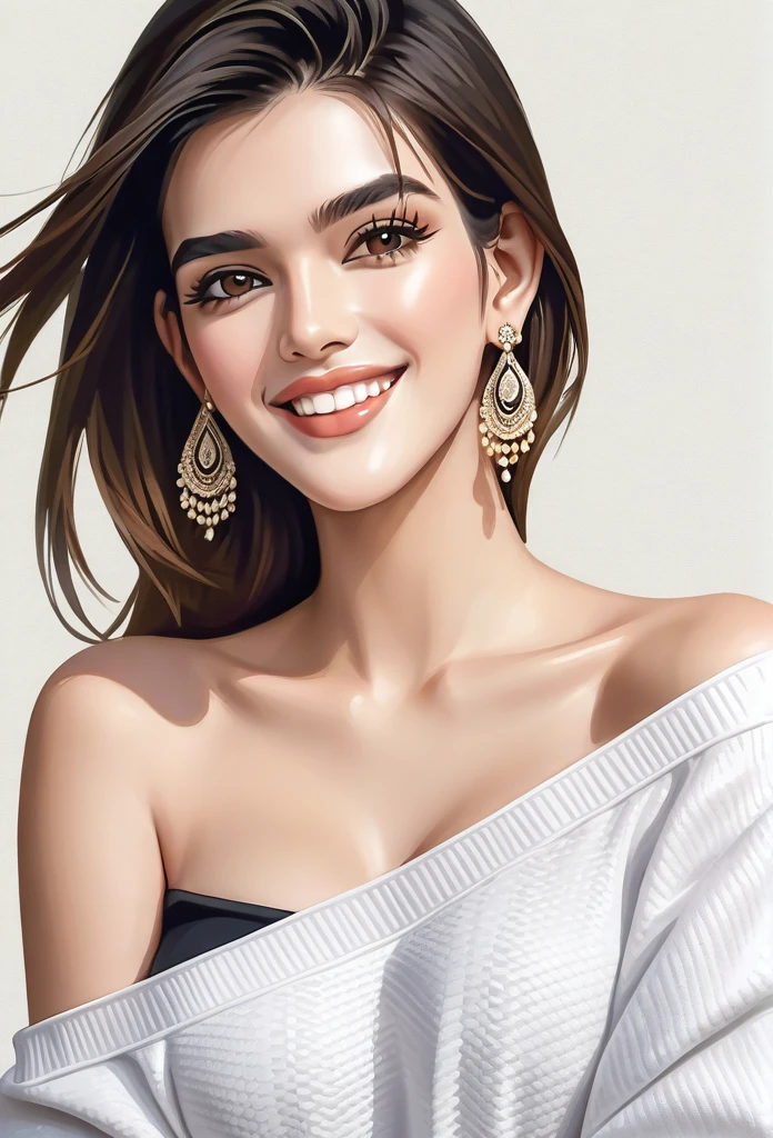 a woman, Kriti Sanon, outdoors, realistic skin texture, smiling, post-processing, Maximum texture, masterpiece, ultra-detailed, photorealistic, realistic, real picture, hyperrealism, Sharp focus, insane details, intricate details, full sharp, detailed face, realistic eyes,simple white stucco background ,big hoop earrings, makeup,white skin,sharp jawline ,big earrings, oversized earrings,off shoulder sweater,big breasts,full body
