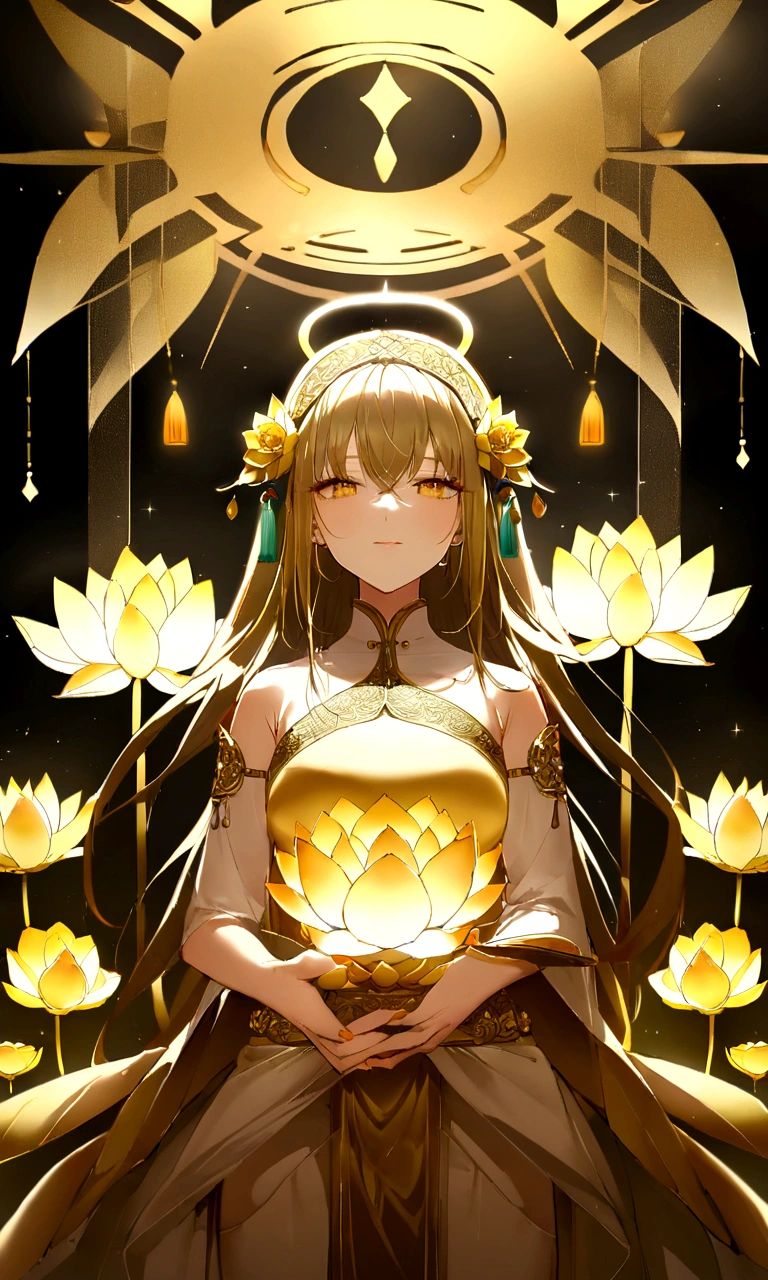 黄金の睡lotus, lotusの花びら, emitting golden light, Lotus, lotusの花とともに, Shining golden aura, Golden halo, Soft golden light, Shiny delicate flowers, lotus, Golden mystical light, Gold flower, lotusの花の上に座っている, 金色のlotusの王女, Golden Glitter, Golden Light, Flowers on golden background, (Highly detailed CG Unity 16k wallpaper:1.1), (Noise reduction strength: 1.45), (masterpiece:1.37), Ray Tracing, God's Rays, Ultra-high resolution, Awards