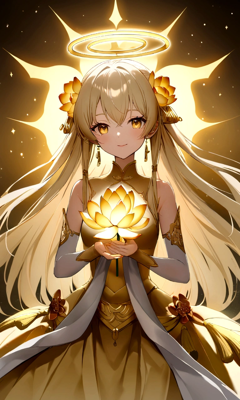 黄金の睡lotus, lotusの花びら, emitting golden light, Lotus, lotusの花とともに, Shining golden aura, Golden halo, Soft golden light, Shiny delicate flowers, lotus, Golden mystical light, Gold flower, lotusの花の上に座っている, 金色のlotusの王女, Golden Glitter, Golden Light, Flowers on golden background, (Highly detailed CG Unity 16k wallpaper:1.1), (Noise reduction strength: 1.45), (masterpiece:1.37), Ray Tracing, God's Rays, Ultra-high resolution, Awards