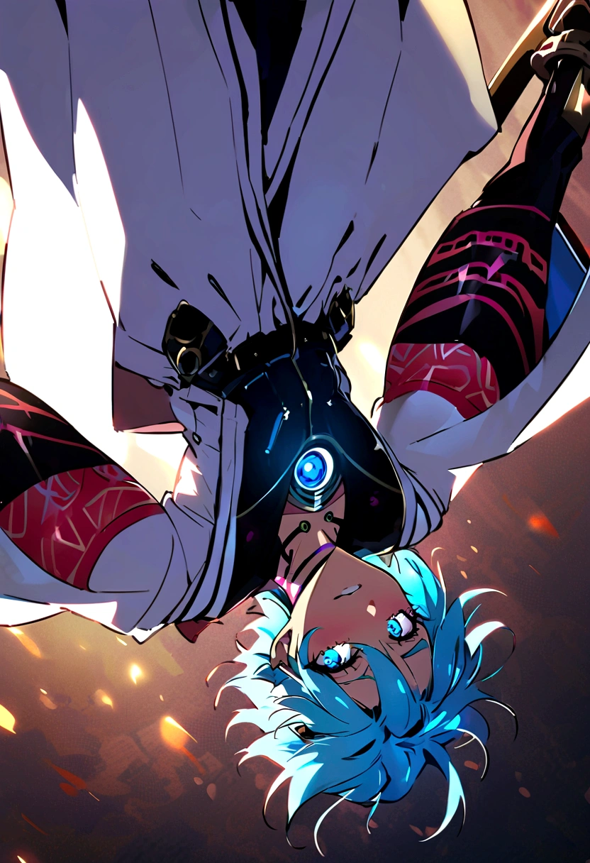 Satoru Gojo, Sukuna Tattoos, Glowing blue eyes, shiny silever hair, crazy look floating upside down