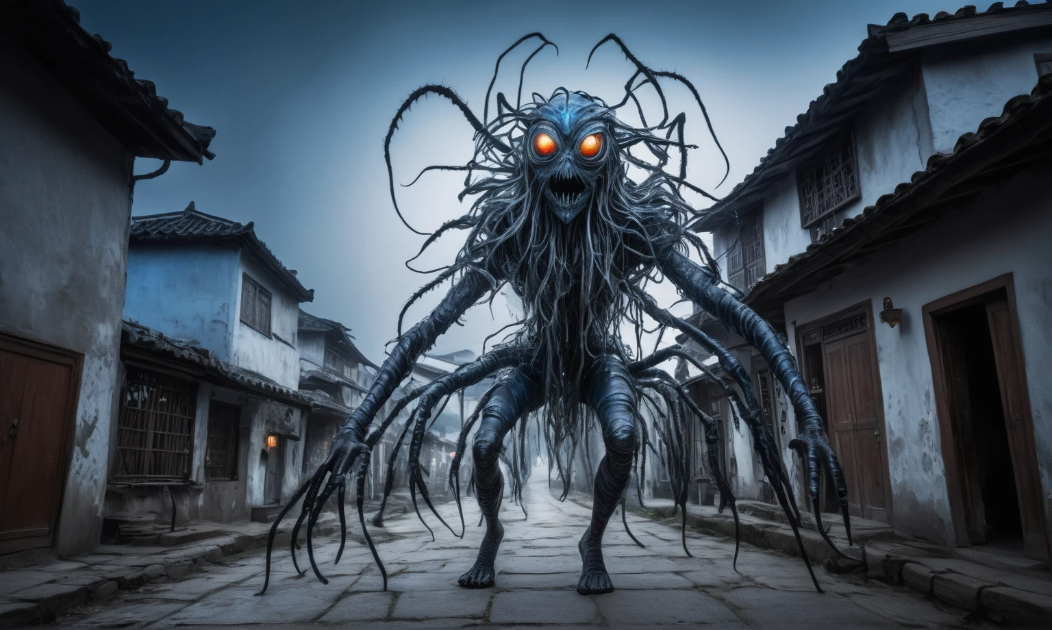 full body length shot,beggar niobium graphite mummy of Alien Entity,native africa spider girl,modern azctec city,Cinematic,soft colors, Technicolor,natural skin textures, hyper realism, hyper detailed,Extremely detailed,High contrast,Masterpiece,Realistic,Ultra Detailed, intricate details,realistic humid leather,extremely intricate,Epic Realistic, cinematic style, irina yermolova,high contrast,hdr,extremely detailed, [deep night landscape],masterpiece, intricate details, eyes extremely detailed, high detailed eyes,8k resolution,retina, Nikon Z9,Korea,orc,Li River in Guangxi Zhuang of Italia, Pisces, transition between two art styles, Double contact, X-ray, Creative, vivid light, fantasy, Abstract, Surrealism, super detailed, high resolution, trap against fairies between houses in air,insanity wear,Her skin is pale, almost translucent. His eyes shine with a bluish glow, he wears dark,, symbols of mourning and gothic elements, further emphasizing its dark air. is portrayed as a haunted and tormented entity,Mestichino,Light particles,chaos,jellyfish's leather
