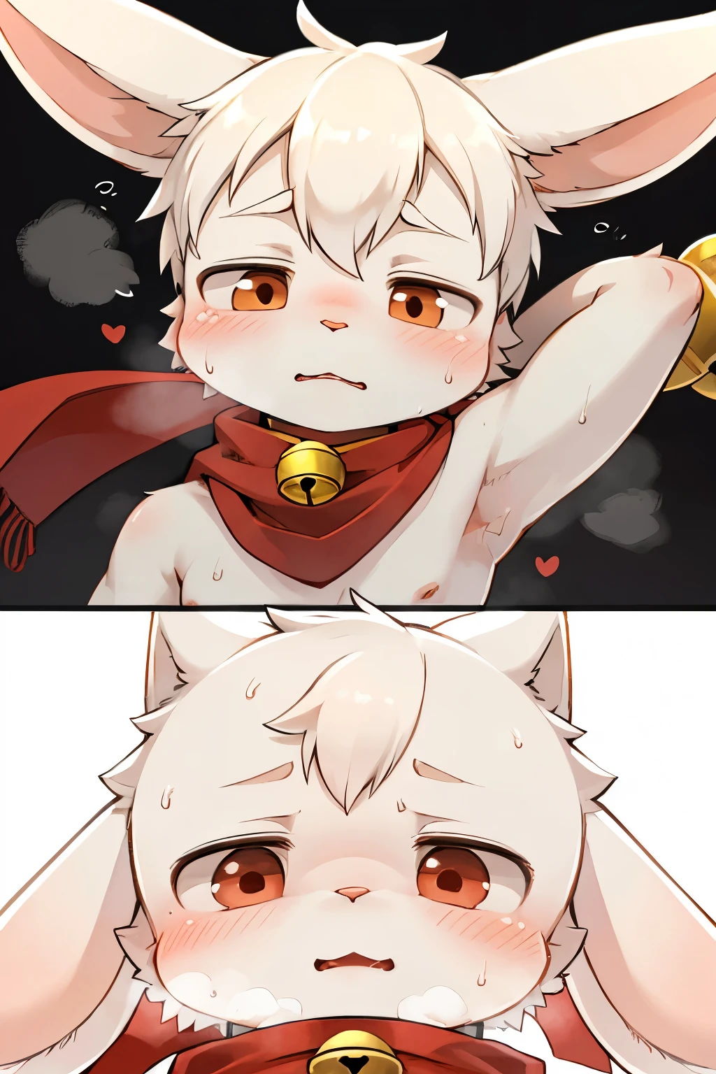 kemoshota, naked scarf, red scarf, dynamic angle, albino white rabbit boy, rabbit boy, rabbit body features, heavy breath, naivety, innocent, collar with a bell, sweat, sweat drops, short statue, short height cub boys, baby boys, 8 years old body features, mascot boys, boys love, mascot, close-up