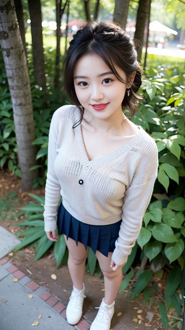 (Skin blemishes:1.2), (Skin Indentation), Dark circles, 1Missl, 25 years old, (((Miss))), Solitary, Practical, best quality, Reality, proficient, 8K, high resolution, Solitary, Extremely detailed face, (Professional lighting,Bokeh),(Light Particles,lens flare,Glowing particles:0.6),(Dynamic poses:1.2),Soft Lighting,Top angle view,fashionable atmosphere, (A girl in the forest),((During the day)), sky sky, ((Looking at the audience:1)), (Looking at the camera), Gorgeous, stand up, Maintain original facial proportions, Shave your shoulders, Full Body Love, (Medium chest), (Short and delicate hair), Brown hair, Flutter, Open lips, Lipstick, 迷人的Smile, Smile, Open your mouth, teeth, (Blue grey tight sweater), (White)(Business Mini Skirt), eyelash, birthmark, (Mole under the eye: 1),Proportionate legs, Thin and white,A pair of lotus feet,White and tender,No shoes,Delicate and beautiful feet,Focus on the chest,Full body image