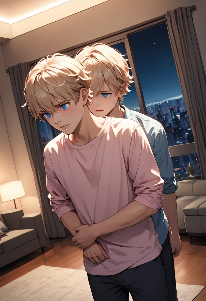detailed illustration, dynamic angle, ultra-detailed, illustration, 1man, blue eyes, detailed eyes, short blonde hair, effeminate, light pink shirt, standing in living room, sad, tears, holding back, night, head on, straight on